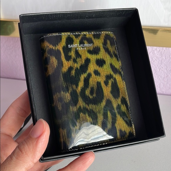 YSL Saint Laurent Green and Black Animal Print Card Holder - Leopard - Picture 15 of 15